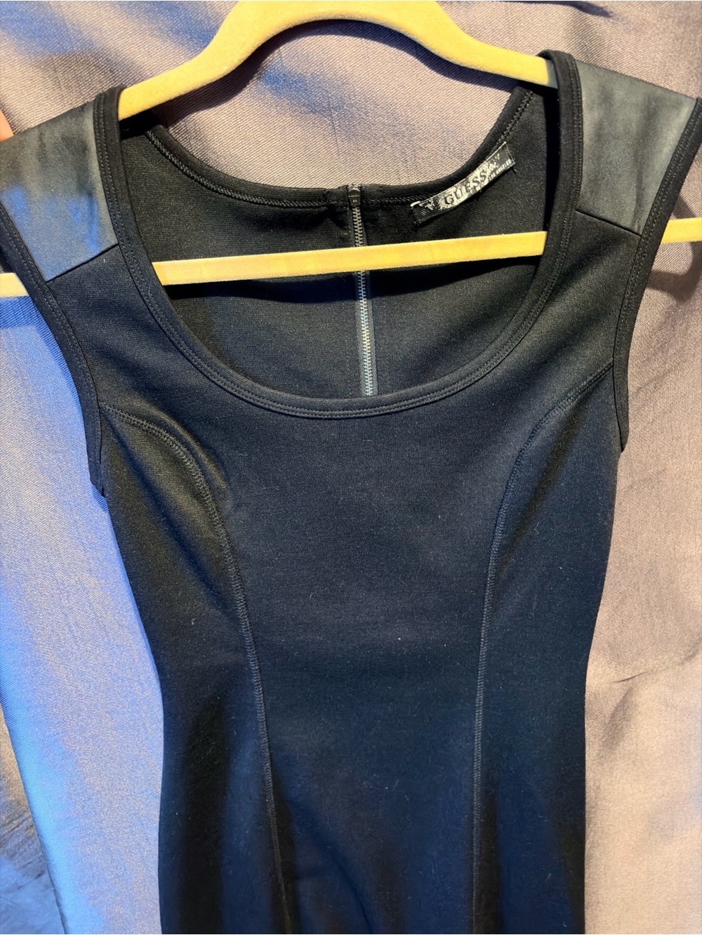 Guess Black Scoop-Neck Fitted Tank with Faux-Leather Shoulder Panels